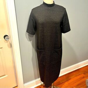 Zara Charcoal Grey & White Pinstripe Mock Neck Midi Dress Size Medium